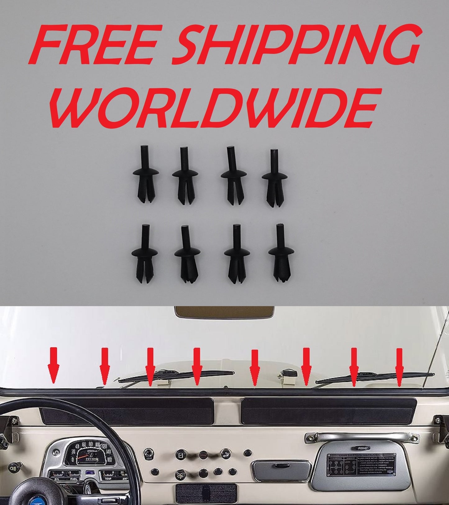 Set of 8 clips to fasten the defroster guide of a Toyota Landcruiser FJ40.